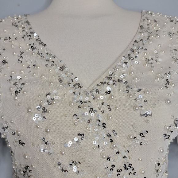 Adrianna Papell | Beaded Short Sleeve Tea Length Formal Dress - Picture 5 of 16